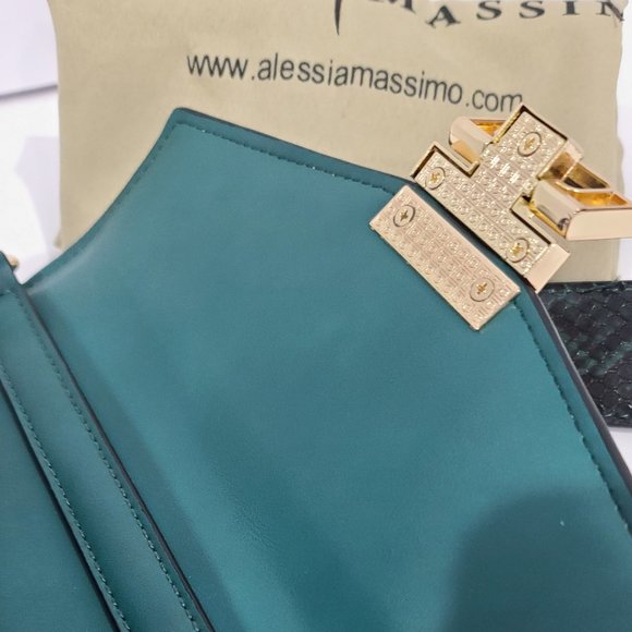 💜NEW  Alessia Massimo Green Velvet & Snake Bag NWTs - Picture 8 of 16